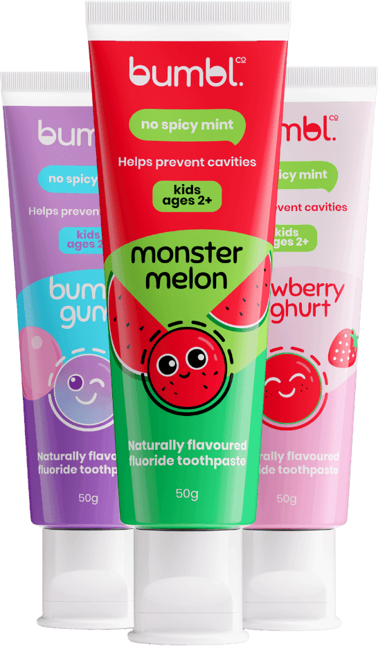 BumblCo Tasty Trio — Bumbl Gum, Monster Melon and Strawberry Yoghurt toothpaste tubes together